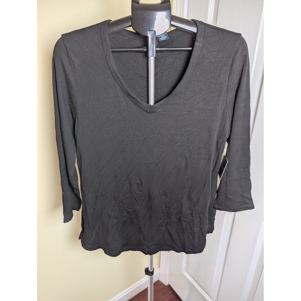 Cynthia Rowley V-Neck Top Women XL Black 3/4 Sleeve Pima Cotton Modal Blend NWT